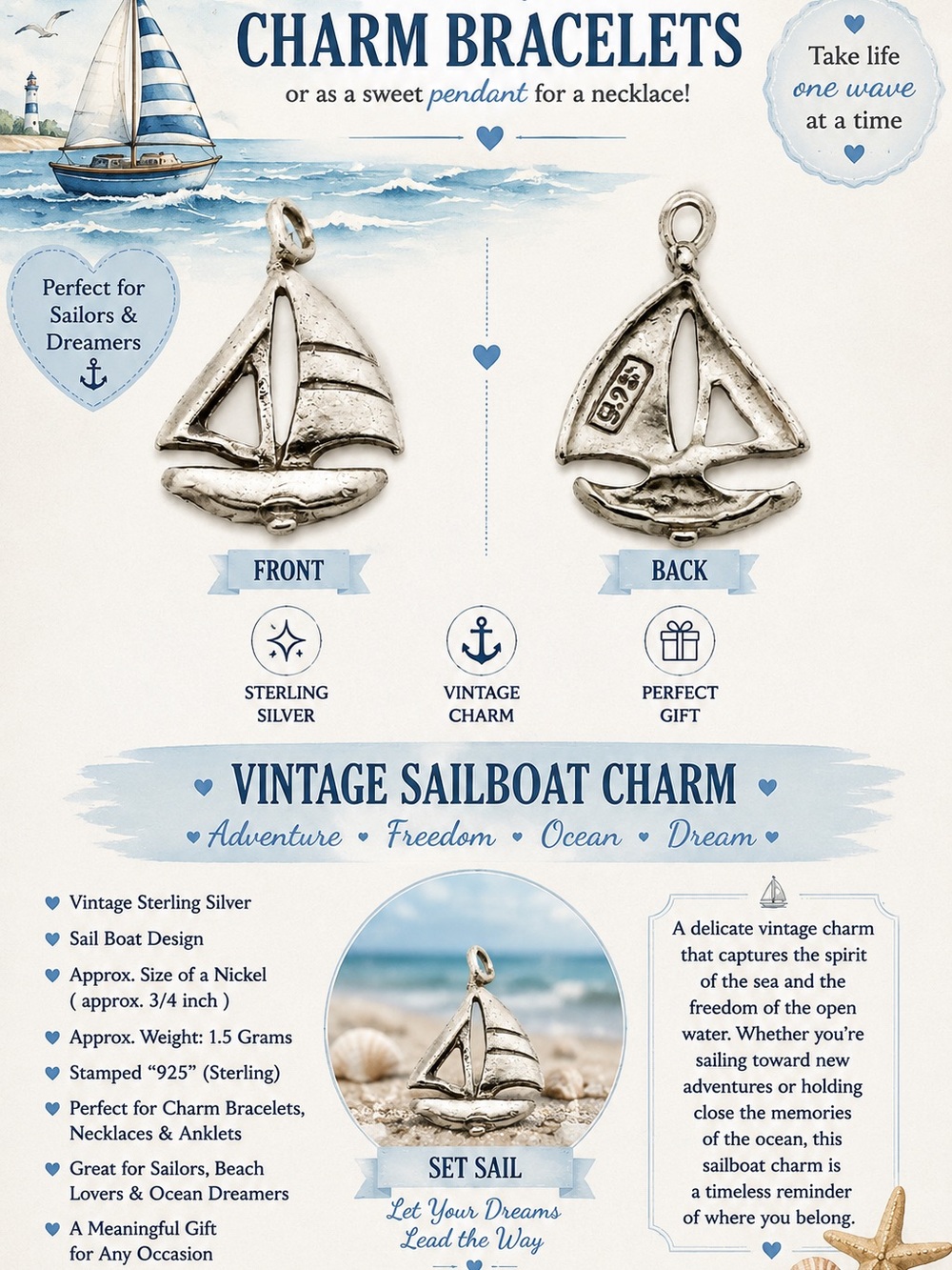Vintage Sailboat Charm Pendant - Sterling Silver Look